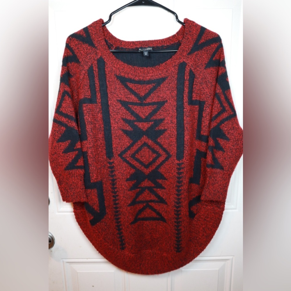 EXPRESS Red Black Aztec Print Wool Mohair 3/4 sweater SIZE XS